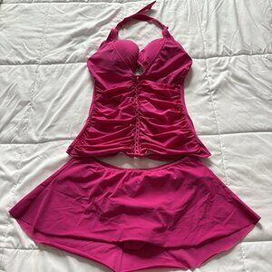 Gottex Swimsuit Set Tankini Top Womens Size 36D Swim Skirt Size 8 Pink Beach